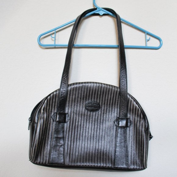 Vintage | Perry Ellis | Portfolio Half Moon Striped Leather Bag | Black - Picture 1 of 7